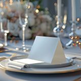 A table with a white card on it and a glass of wine. The card is white and has a triangle shape. The table is set with a white plate, a fork, a knife, and a spoon