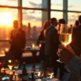 Elegant business professionals networking at a rooftop event during sunset.