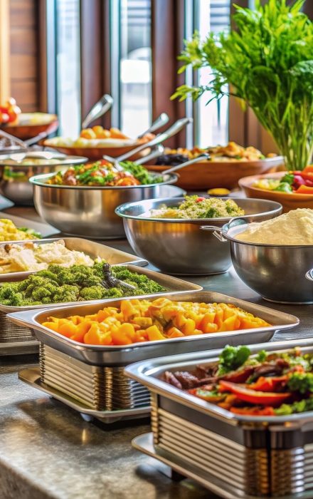 A variety of international dishes laid out on a buffet table at a hotel meeting room , hotel, buffet, international, cuisine