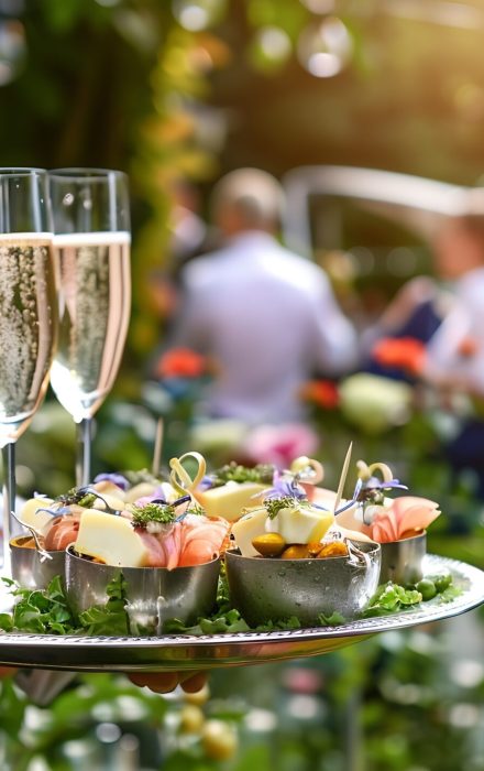 Waiter holding a tray with champagne glasses and appetizers at an outdoor garden event : Generative AI